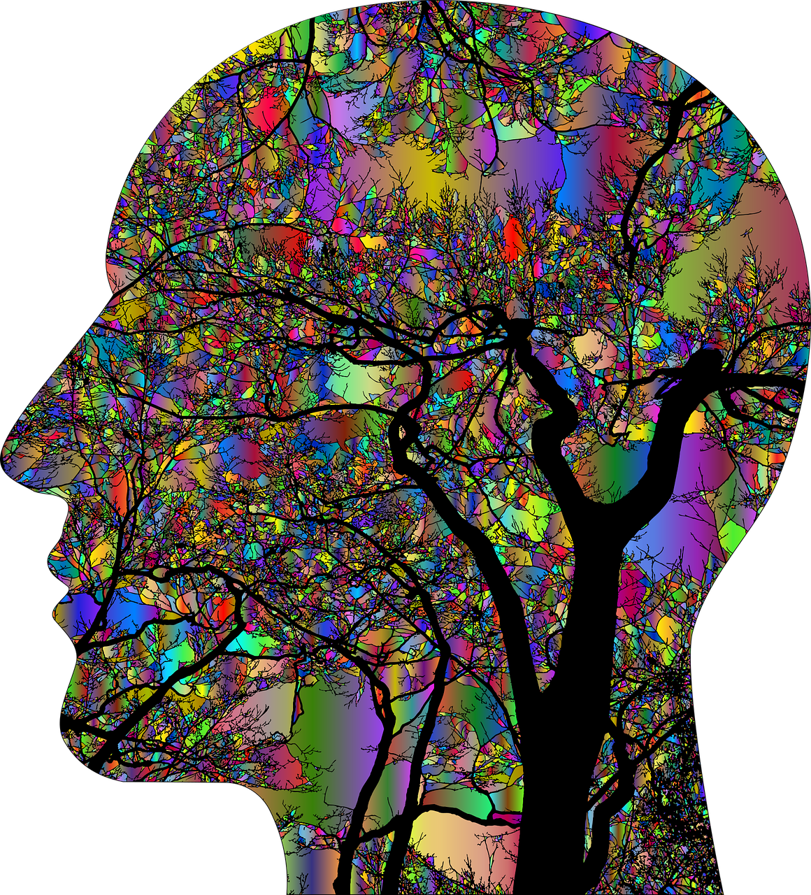 Silueta de cabeza con arbol multicolor